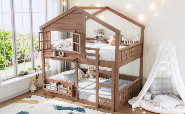 English Elm Full Bunk Bed with Trundle Bookshelf Storage Pine Frame Car Design for Kids Natural W1580S00522