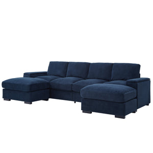 English Elm 122"l Corduroy Sectional with Dual Ottomans Modular U-shape Sofa for Modern Living Dark Blue W1669S00046
