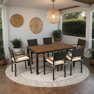 English Elm 7 piece Outdoor Patio Wicker Dining Set with Acacia Wood Table Brown Rattan Cream Cushions, Durable Elegance W329S00053