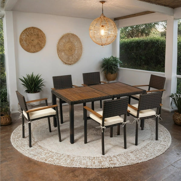 English Elm 7 piece Outdoor Patio Wicker Dining Set with Acacia Wood Table Brown Rattan Cream Cushions, Durable Elegance W329S00053