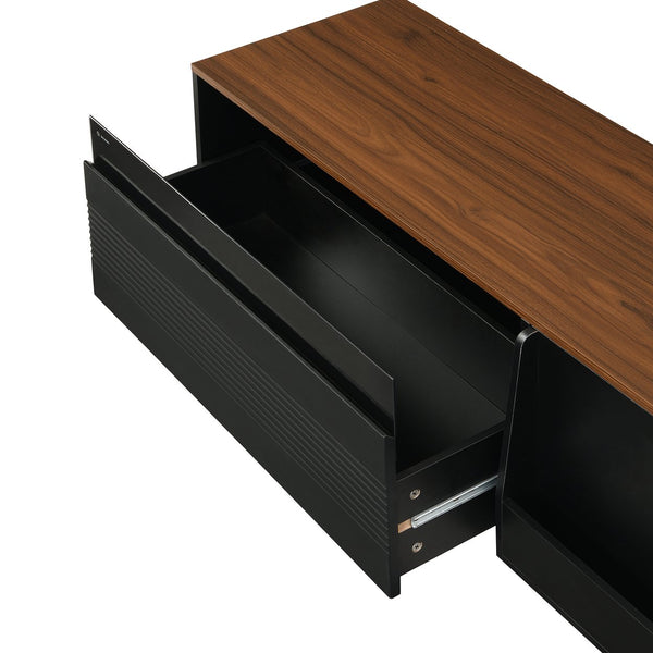 English Elm U-can Mid Century Walnut Media Console with Sliding Doors and Metal Frame for Living Rooms Black N724P360370B