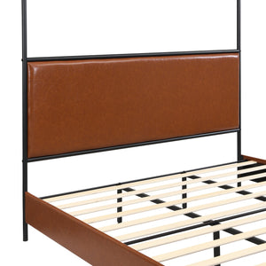 English Elm King Canopy Bed Iron Four Post Frame with Pu Leather Upholstered Headboard Footboard N757K343427O