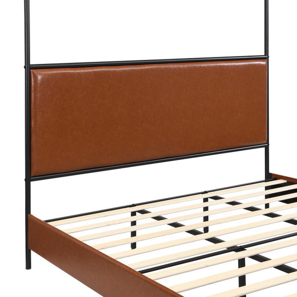 English Elm King Canopy Bed Iron Four Post Frame with Pu Leather Upholstered Headboard Footboard N757K343427O