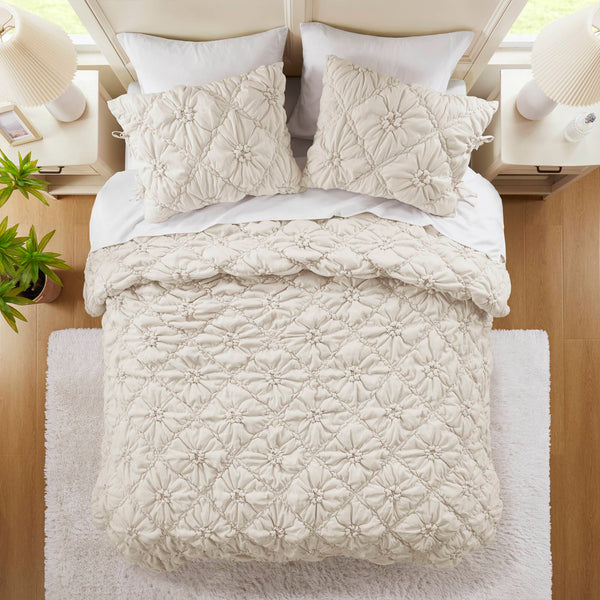 JLA Home Intelligent Design - 3PCS Puffy Floral Comforter Set with Bow-Tie Accents, Brushed Microfiber, OEKO-TEX Certified Elegance Ivory ID10-2481