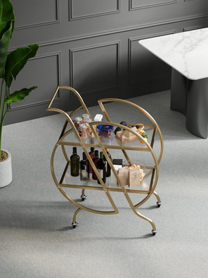 English Elm Gold Rolling Bar Cart with Mirrored Glass Shelves and Lockable Wheels for Glam Spaces W3123P480999