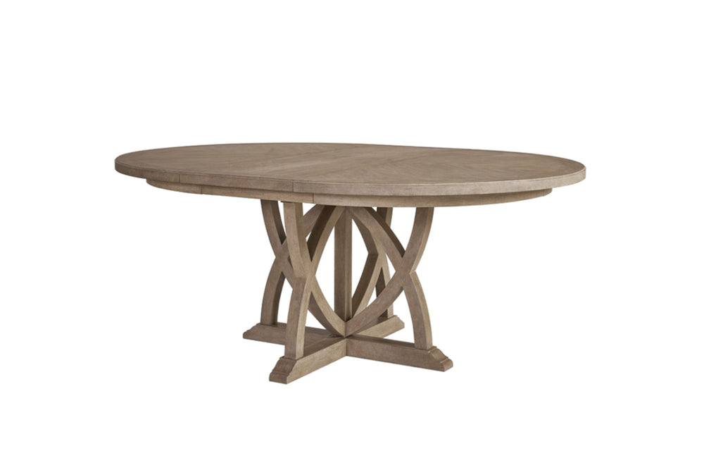 English Elm Round Expandable Dining Table with Pedestal Base, Solid Wood & Mindi Veneer, Elegant Sand Finish Sand 75.5 L x 57.5 W x 5.5 H B2699S00018