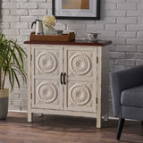 Christopher Knight Home® - Noble House - Alana Farmhouse Distressed Firwood Cabinet with Carved Panels, White and Brown