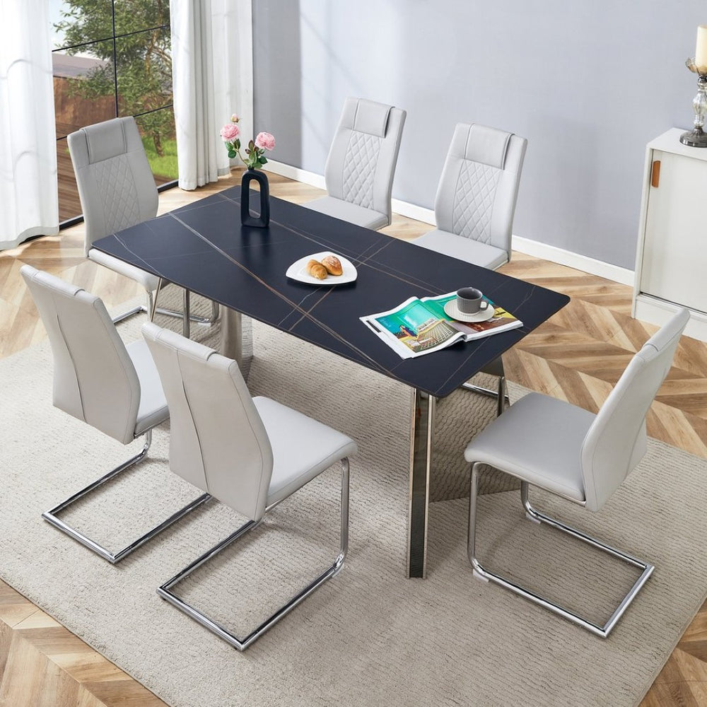 English Elm Table Set With Black Marble Top & Stainless Steel Legs - 6 Light Gray Pu Chairs For Modern Dining W1151S01964-GIGA