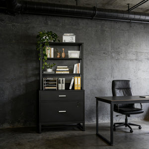 English Elm Ample Steel Office Filing Cabinet with Open Bookcase Shelves and Locking Document Drawers Black T3971P448270