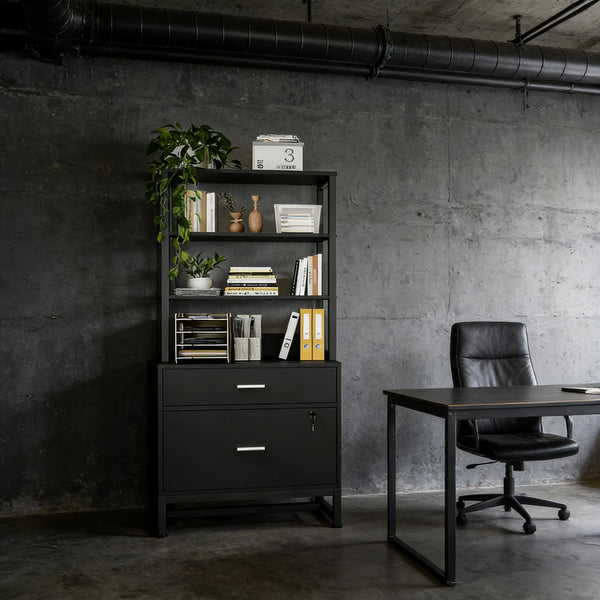 English Elm Ample Steel Office Filing Cabinet with Open Bookcase Shelves and Locking Document Drawers Black T3971P448270