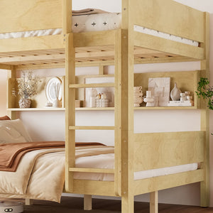 English Elm Queen Over Solid Pine Bunk Bed with Built in Shelves and Tray for Guest Rooms Natural W5305S00009