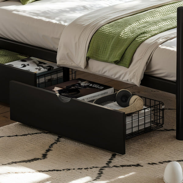 English Elm Full Size Metal Platform Storage Bed Low Profile Steel Frame with Built-in Drawers Black W5305P471350