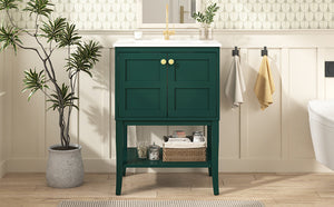 English Elm 24'' Retro Green Bathroom Vanity with Glossy Resin Basin, Solid Wood Feet, Soft-Close Doors, Ample Storage, Metal Handles (Modern) WF324870AAF