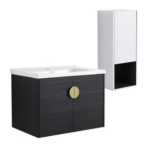 English Elm 28" Wall-Mounted Bathroom Vanity & Ceramic Sink With Side Cabinet, Soft-Close Doors For Modern Homes W999S00329