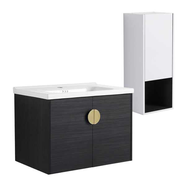English Elm 28" Wall-Mounted Bathroom Vanity & Ceramic Sink With Side Cabinet, Soft-Close Doors For Modern Homes W999S00329
