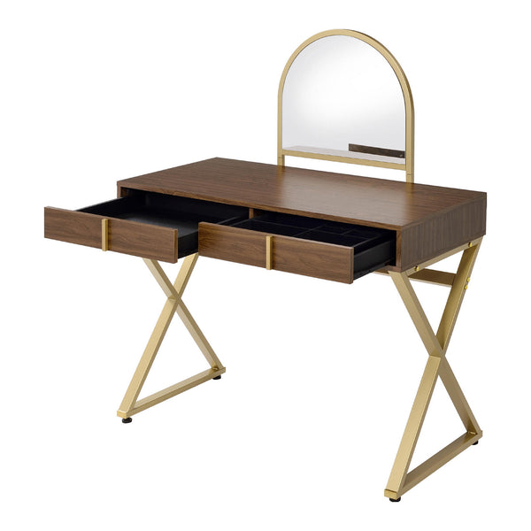 English Elm 2 Drawers Vanity Desk With Elegant Mirror & Jewelry Tray, Modern Walnut & Gold Finish For Chic Spaces B016P317489