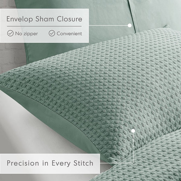 JLA Home Comfort Spaces - Waffle Waffle-Weave Textured Duvet Cover Set for All-Season Comfort, Breathable Softness, Durable Care Sage Green AM12-0048