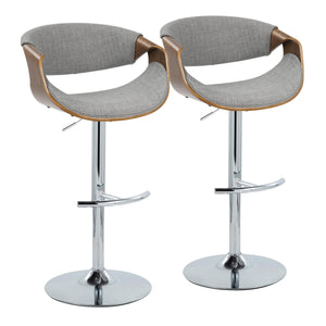 English Elm Curvo Adjustable Barstool Set Of 2 - Mid-Century Modern Swivel Stools With Chrome, Walnut & Grey Fabric B202S00807