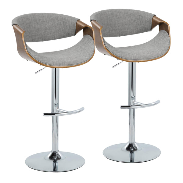 English Elm Curvo Adjustable Barstool Set Of 2 - Mid-Century Modern Swivel Stools With Chrome, Walnut & Grey Fabric B202S00807