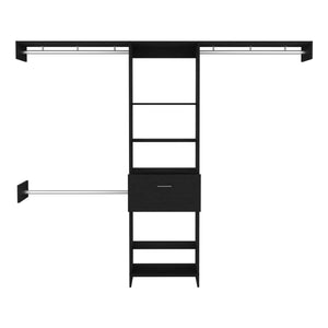 English Elm Closet Adjustable Storage System 70–118" W with Three Hanging Rods, Five Shelves & One Drawer, Engineered Wood Black 82.68 L x 20.87 W x 3.54 H B097S00167