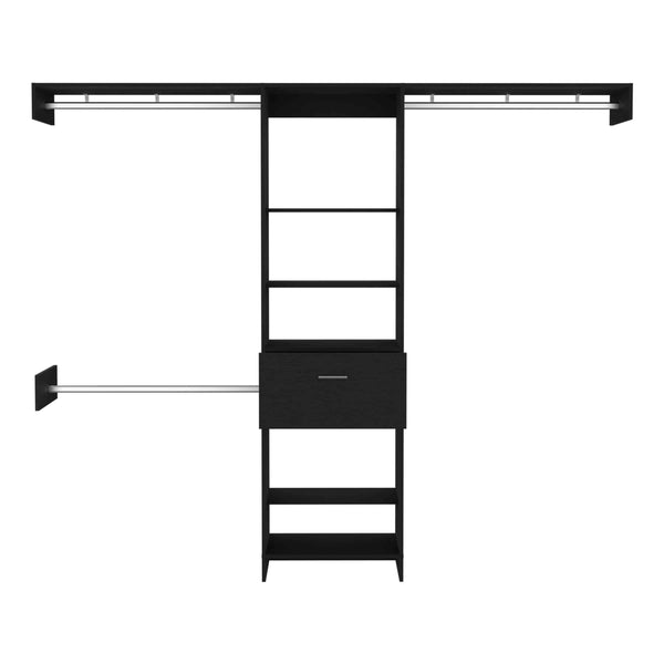 English Elm Closet Adjustable Storage System 70–118" W with Three Hanging Rods, Five Shelves & One Drawer, Engineered Wood Black 82.68 L x 20.87 W x 3.54 H B097S00167