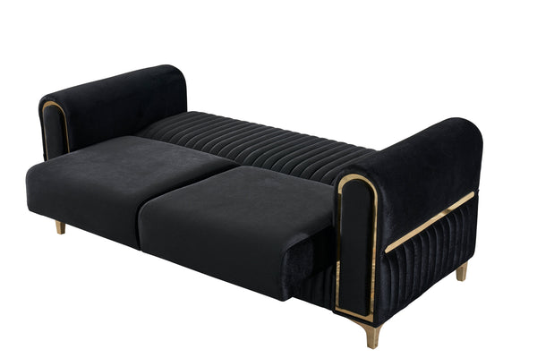 English Elm Melody Velvet Upholstered Sleeper Loveseat with Gold Accents, Vertical Tufting & Convertible Comfort Black B009S01834