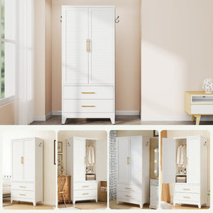 English Elm White Steel Freestanding Wardrobe Cabinet with Rod and Shelves for Dorm or Apartment T2398P480393