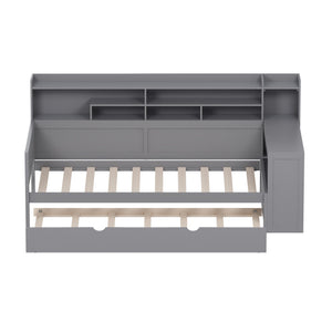 English Elm Wooden Twin Daybed with Trundle, Built-In Desk and Side Storage Shelves for Space-Saving Living Gray 54.4 L x 18 W x 5.6 H N733S242275E