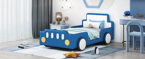 English Elm Twin Race Car-Shaped Platform Bed with Safety Rails and Sturdy Slats for Kids’ Room Comfort Blue SF000127AAC