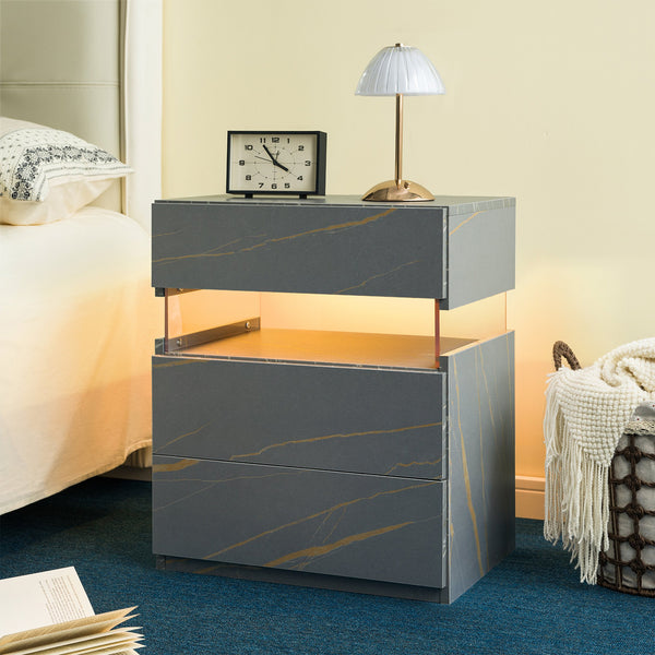 English Elm Led Nightstand with Rgb Acrylic Glow Panel Three Drawers Walnut Bedroom Table Grey+Gold W2178P412302
