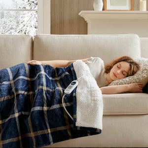 English Elm 1-piece Aztec Heated Throw with 12 Settings Auto Shutoff Soft Ivory Boho Blanket Navy Multi B035P408332
