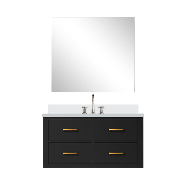 English Elm Black Single Bath Vanity Set With Cultured Marble Top, Chrome Gooseneck Faucet & Frameless Mirror B2731S01989
