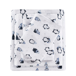 JLA Home Intelligent Design - 100% Cotton Flannel Sheet Set – Ultra-Soft 135gsm Pigment Print for Warmth, Breathable Comfort & Lasting Color Blue Penguins ID20-1757