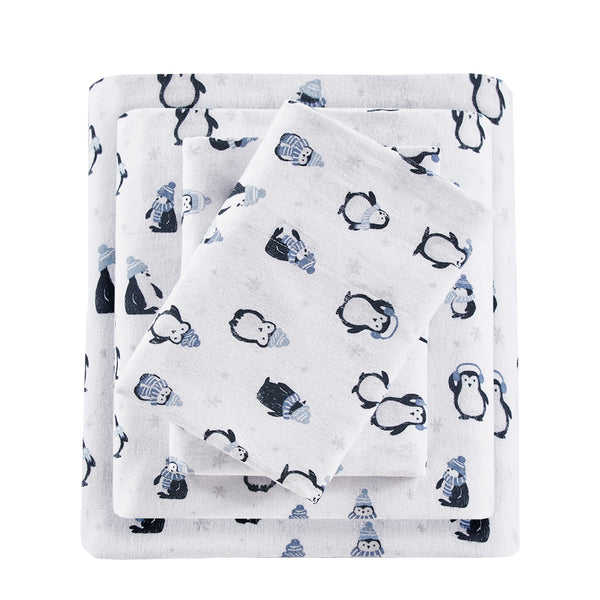 JLA Home Intelligent Design - 100% Cotton Flannel Sheet Set – Ultra-Soft 135gsm Pigment Print for Warmth, Breathable Comfort & Lasting Color Blue Penguins ID20-1757