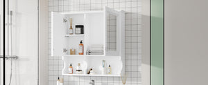 English Elm 30 30 Inch Mirror Medicine Cabinet with Half-Moon Design, Soft-Close Hinges, Open Shelf & Solid-Wood Frame White N710P322812K