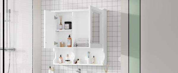 English Elm 30 30 Inch Mirror Medicine Cabinet with Half-Moon Design, Soft-Close Hinges, Open Shelf & Solid-Wood Frame White N710P322812K