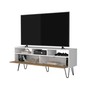 English Elm White TV Stand with Natural Oak Accents — 5 Open Shelves for Media Storage, Modern Rustic Design B062P290286