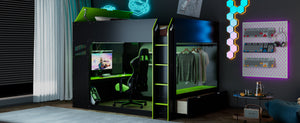 English Elm Full Size Loft Bed with Rgb Lighting Desk Drawers Hanging Rod Teen Bedroom Green LT000288AAF-1