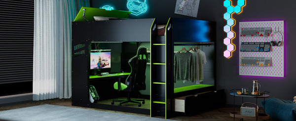 English Elm Full Size Loft Bed with Rgb Lighting Desk Drawers Hanging Rod Teen Bedroom Green LT000288AAF-1