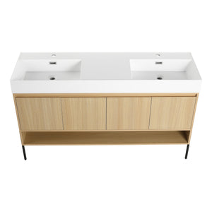 English Elm 60" Oak Bathroom Vanity Combo with Resin Basin, 4-Door Storage, Multi-Layer Wood Frame, Modern Elegance W1972S00011