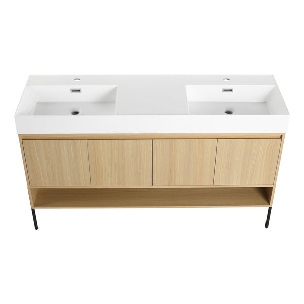 English Elm 60" Oak Bathroom Vanity Combo with Resin Basin, 4-Door Storage, Multi-Layer Wood Frame, Modern Elegance W1972S00011