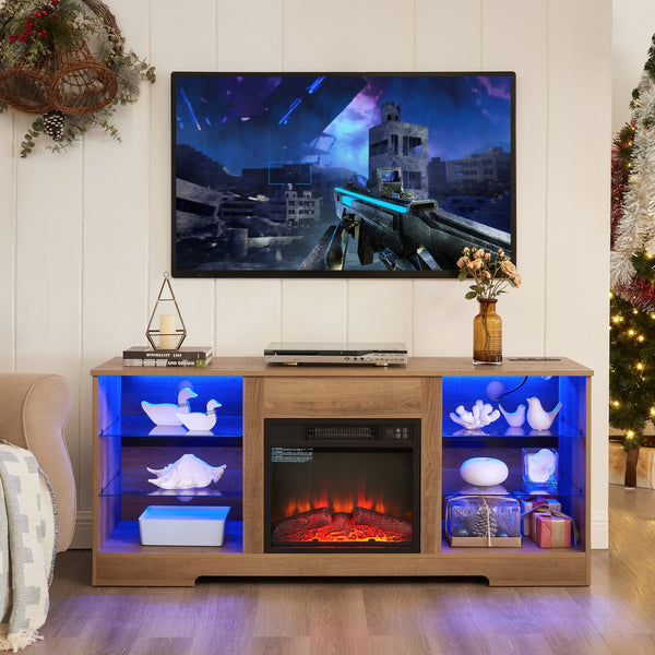 English Elm TV LED Fireplace TV Stand with Bluetooth LED Lights, Remote, USB Charging & Ample Storage, 58" Oak W2275P257558