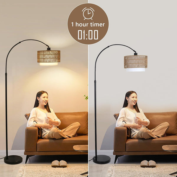 English Elm Arc Rattan Arc Floor Lamp with Remote & Dimmable LED, Height Adjustable, Boho Farmhouse Glow Brown+Black W2738P227438