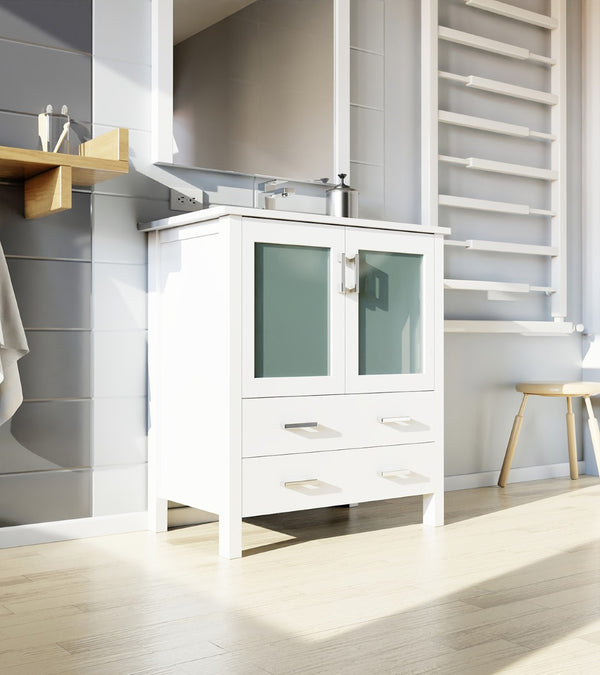 English Elm White Bath Vanity Set With Ceramic Top, Chrome Faucet, And 28" Mirror – Perfect For Small Spaces! B2731S01285-GIGA