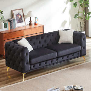 English Elm FX Velvet Chesterfield Sofa 82.5" Deluxe Tufted Design with 2 Pillows, Metal Legs, 750lb Capacity Black W1926S00072