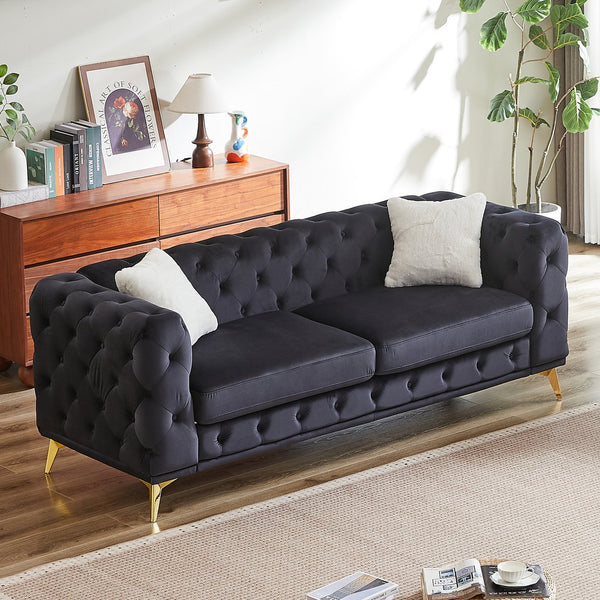 English Elm FX Velvet Chesterfield Sofa 82.5" Deluxe Tufted Design with 2 Pillows, Metal Legs, 750lb Capacity Black W1926S00072