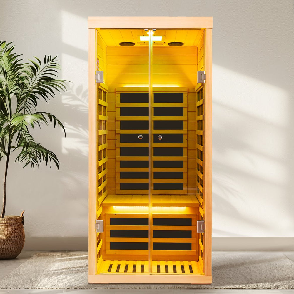English Elm Low Emf Hemlock Infrared Sauna with Double Tempered Glass Doors and App Control W632S00021