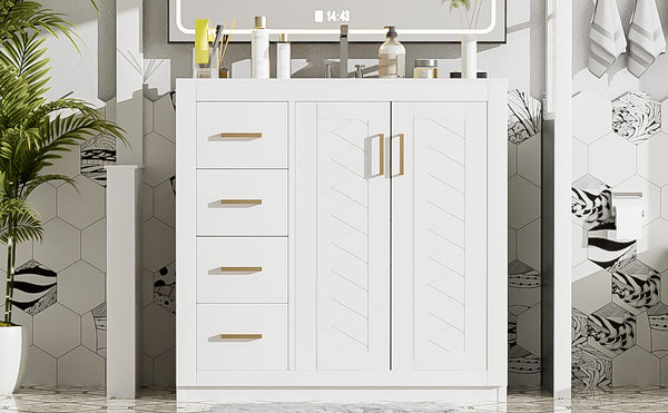 English Elm 36'' Bathroom Vanity with Ceramic Sink Combo, Solid Wood Frame, Soft-Close Drawers and Stylish Retro Groove Design White N710P291684K