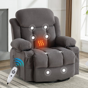 English Elm Swinging Velvet Recliner Chair with Massage Heat Usb Port and 360 Swivel Lounge Seat Grey W1807P298206