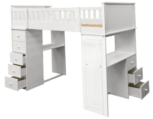 English Elm White Twin Loft Bed With Integrated Desk & 5-Drawer Chest – Space-Saving Design For Kids & Teens B062S00580-GIGA